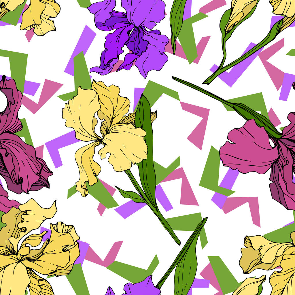 Vetor Amarelo, roxo e marrom Iris flor botânica floral. Folha selvagem primavera wildflower isolado. Arte de tinta gravada. Padrão de fundo sem costura. Tecido papel de parede impressão textura
. - Vetor, Imagem