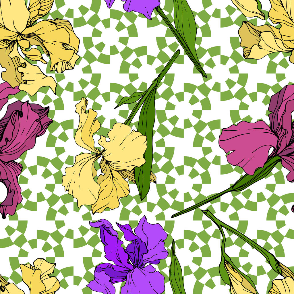 Vector geel, paars en maroon Iris floral botanische bloem. Wild voorjaar blad wildflower geïsoleerd. Gegraveerde inkt art. Naadloze achtergrondpatroon. Structuur behang print textuur. - Vector, afbeelding
