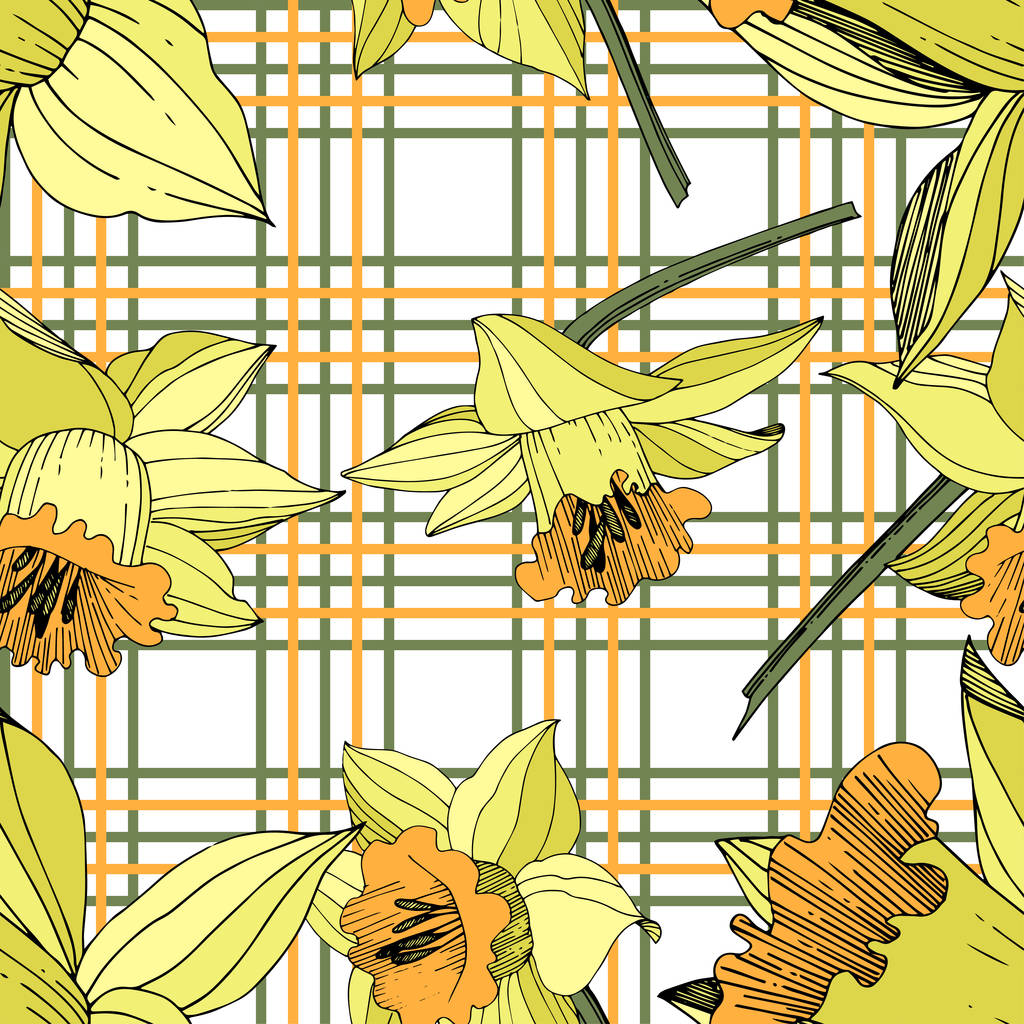 Vektori Keltainen Narcissus kukka kasvitieteellinen kukka. Villi kevään lehti luonnonvarainen kukka eristetty. Kaiverrettua mustetaidetta. Saumaton taustakuvio. Kangas tapetti tulostaa rakenne
. - Vektori, kuva