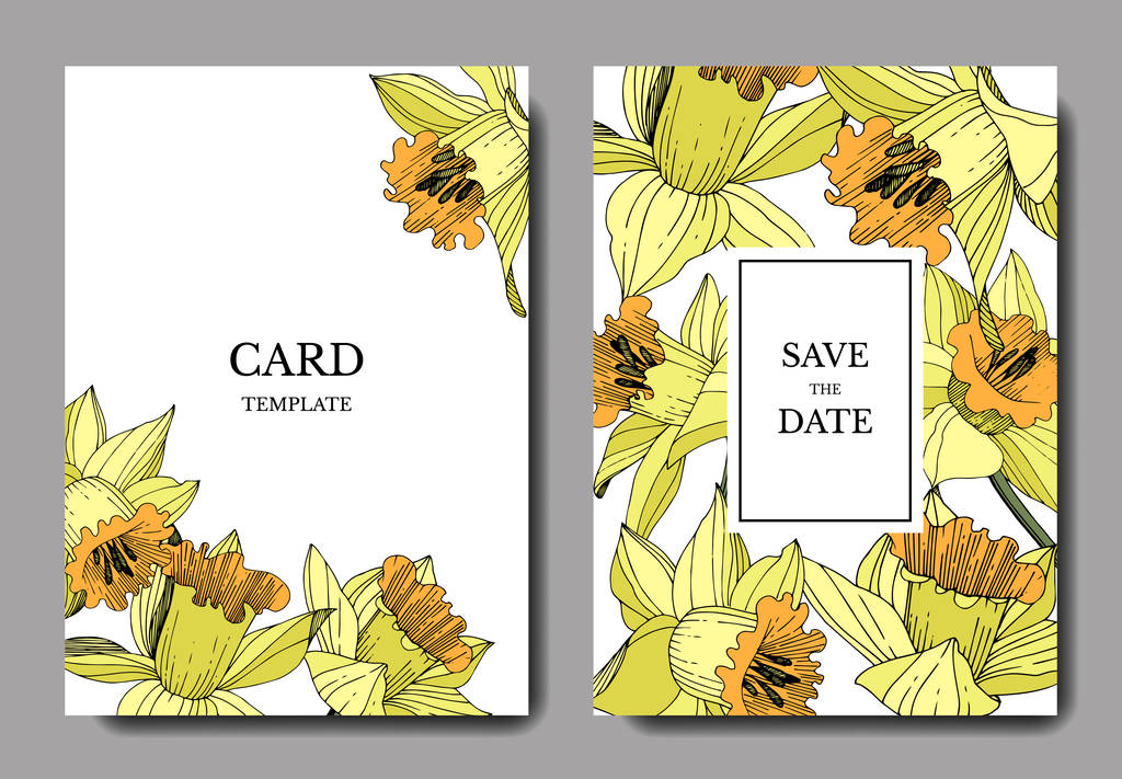 ベクター黄色いスイセンの花植物花 刻まれたインク アート 結婚式背景カード花装飾的なボーダー エレガントなカード イラスト グラフィック バナーの設定 ロイヤリティフリーのベクターグラフィック画像