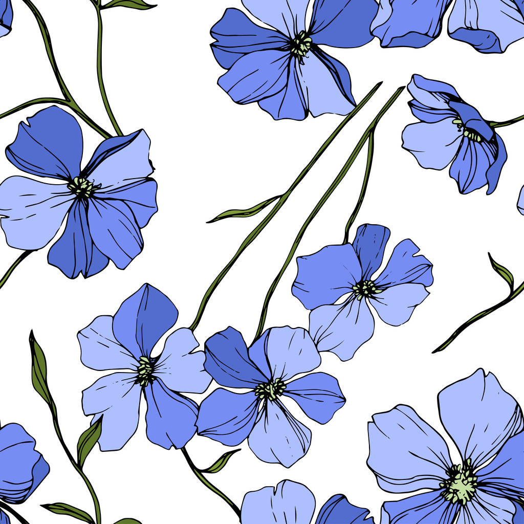 Flor botânica floral Vector Blue Flax. Folha selvagem primavera wildflower isolado. Arte de tinta gravada. Padrão de fundo sem costura. Tecido papel de parede impressão textura
. - Vetor, Imagem