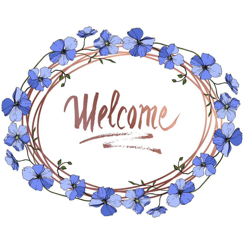 Διάνυσμα μπλε λινάρι floral βοτανικό λουλούδι σε άσπρο φόντο. Άγρια άνοιξη φύλλων wildflower απομονωμένη. Χαραγμένο μελάνι τέχνης. Πλαίσιο συνόρων στολίδι τετράγωνο. - Διάνυσμα, εικόνα
