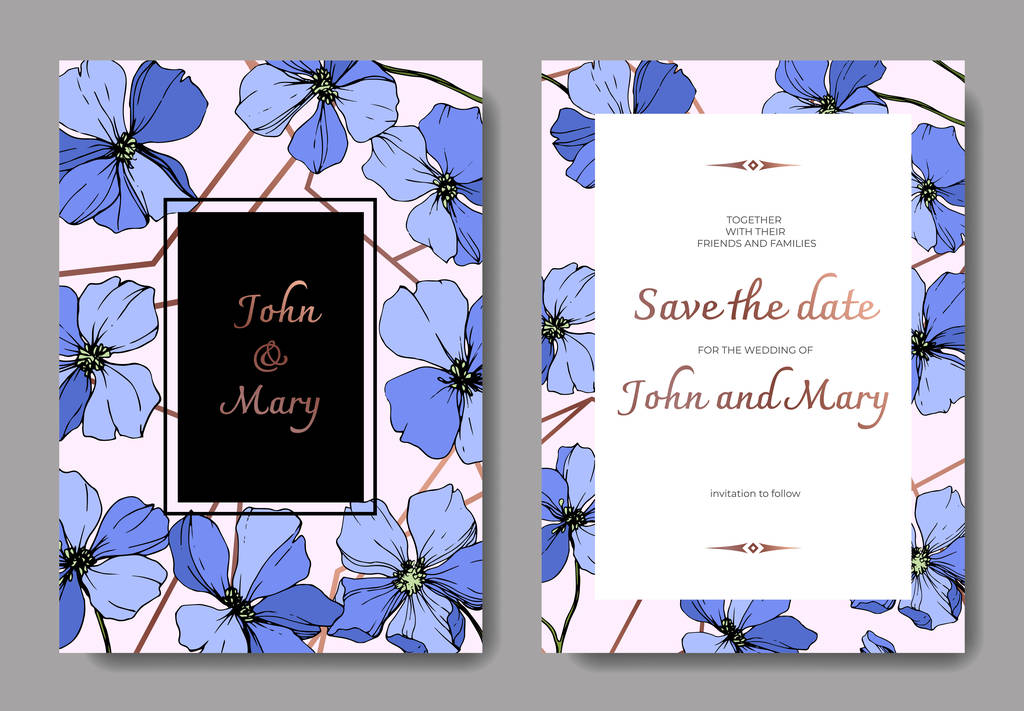 Διάνυσμα floral βοτανικό λουλούδι μπλε λινάρι. Χαραγμένο μελάνι τέχνης. Γάμος φόντο κάρτα floral διακοσμητικά σύνορα. Σας ευχαριστώ, rsvp, πρόσκληση κομψή κάρτα εικόνα γραφικού θέσει πανό. - Διάνυσμα, εικόνα