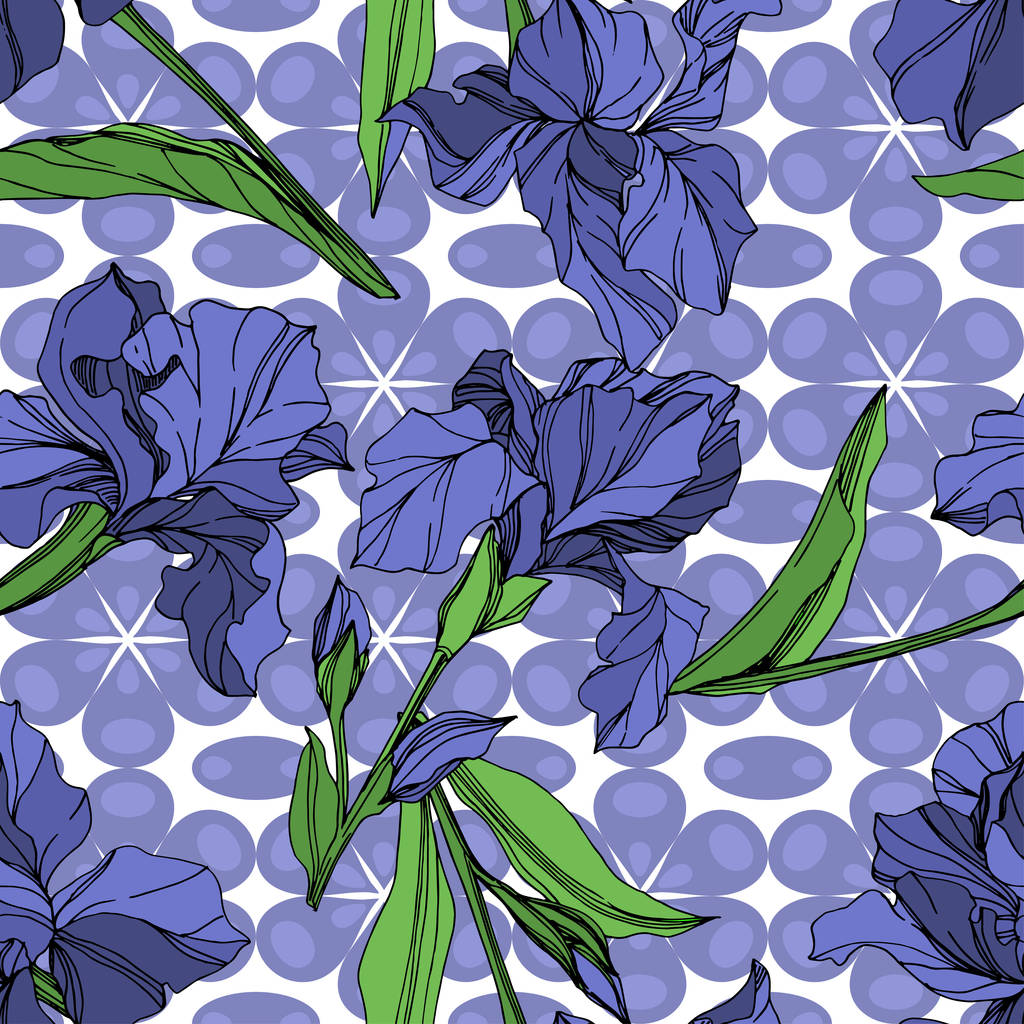 Vector blauwe iris floral botanische bloem. Wild voorjaar blad wildflower geïsoleerd. Blauwe en groene gegraveerde inkt art. Naadloze achtergrondpatroon. Structuur behang print textuur. - Vector, afbeelding
