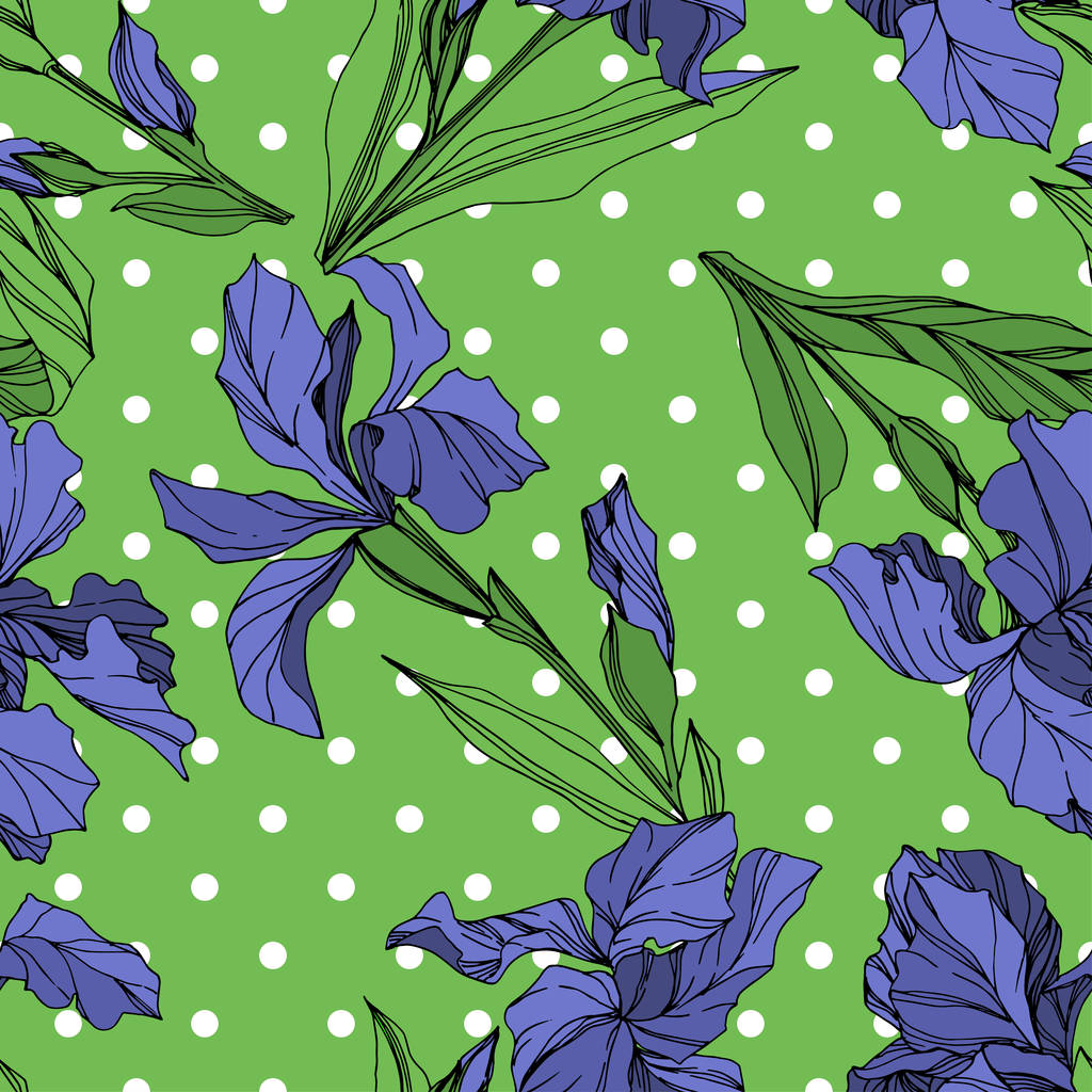 Vector Blue iris flor botánica floral. Flor silvestre de hoja de primavera aislada. Tinta grabada azul y verde. Patrón de fondo sin costuras. Textura de impresión de papel pintado de tela
. - Vector, Imagen