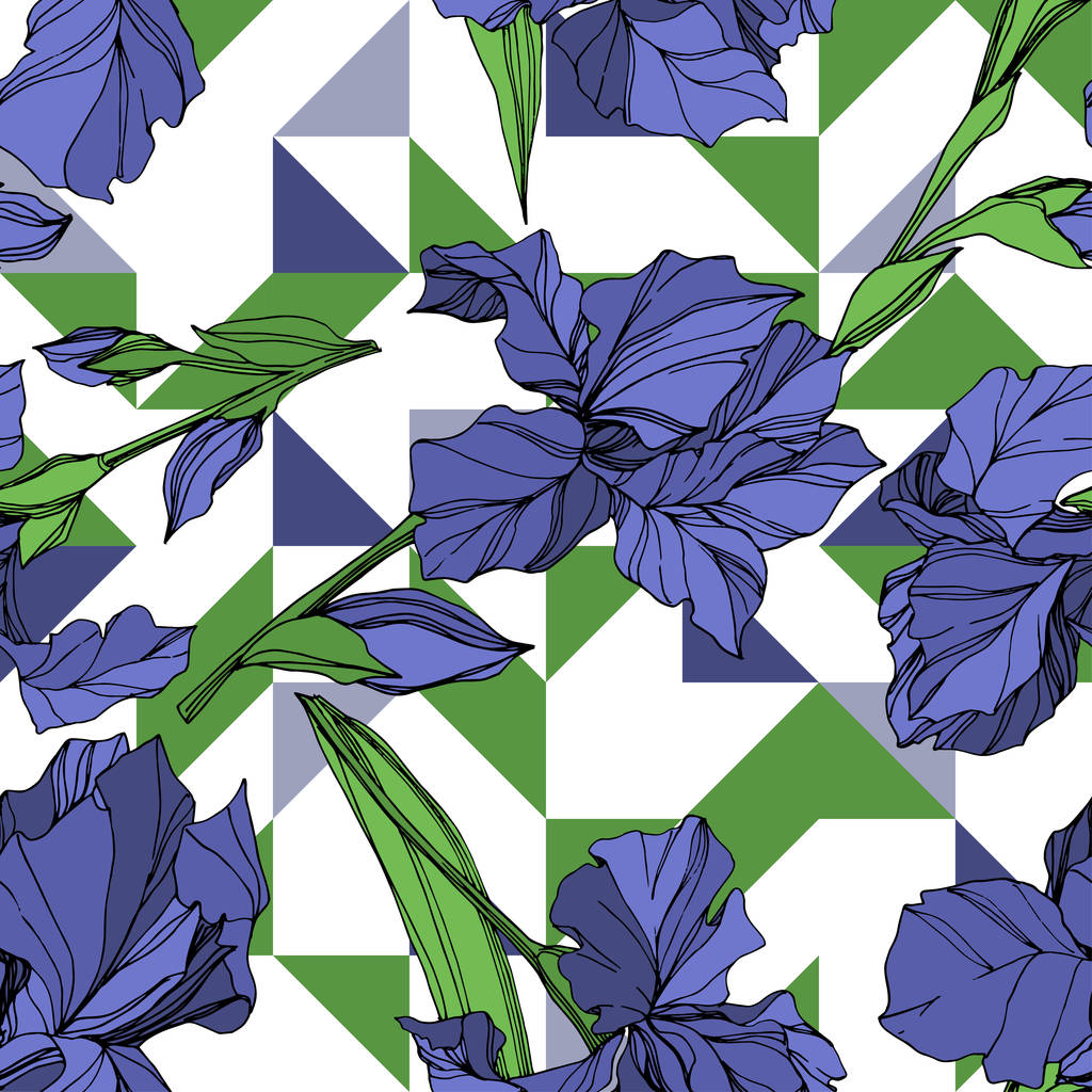 Διάνυσμα floral βοτανικό λουλούδι Μπλε ίριδες. Άγρια άνοιξη φύλλων wildflower απομονωμένη. Μπλε και πράσινο μελάνι χαραγμένο τέχνη. Απρόσκοπτη υπόβαθρο μοτίβο. Ύφασμα ταπετσαρία υφή. - Διάνυσμα, εικόνα