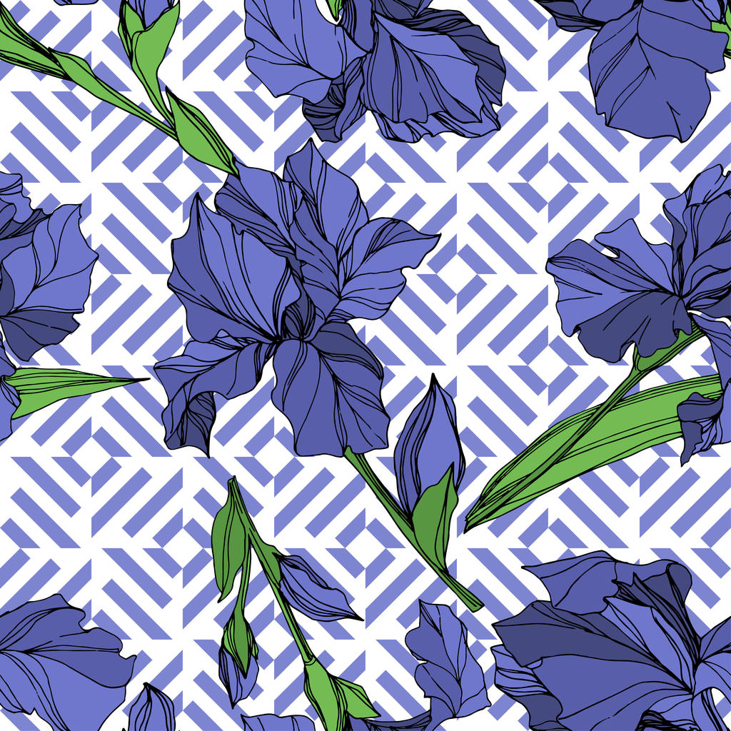 ベクトル ブルー アイリスの花植物花。野生春葉のワイルドフラワーが分離されました。青と緑の刻まれたインク アート。シームレスな背景パターン。壁紙印刷手触りの生地. - ベクター画像