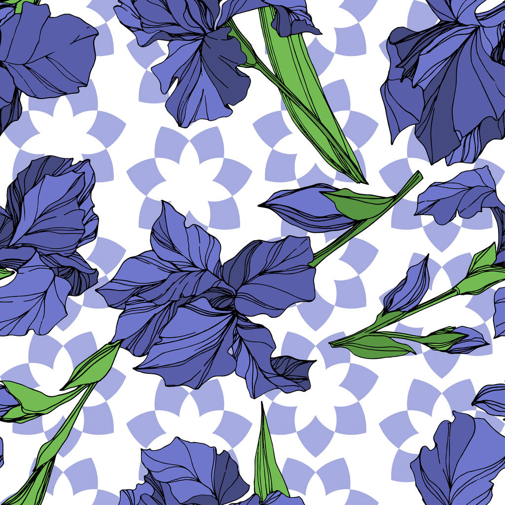 Vector Iris bleu fleur botanique florale. Feuille sauvage de printemps fleur sauvage isolée. Encre gravée bleue et verte. Modèle de fond sans couture. Texture d'impression papier peint tissu
. - Vecteur, image