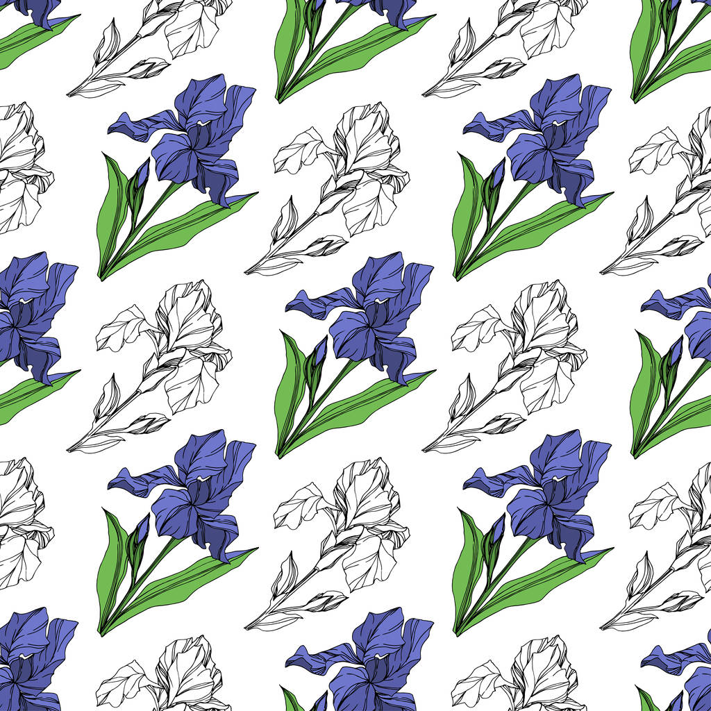 ベクトル ブルー アイリスの花植物花。野生春葉のワイルドフラワーが分離されました。青と緑の刻まれたインク アート。シームレスな背景パターン。壁紙印刷手触りの生地. - ベクター画像