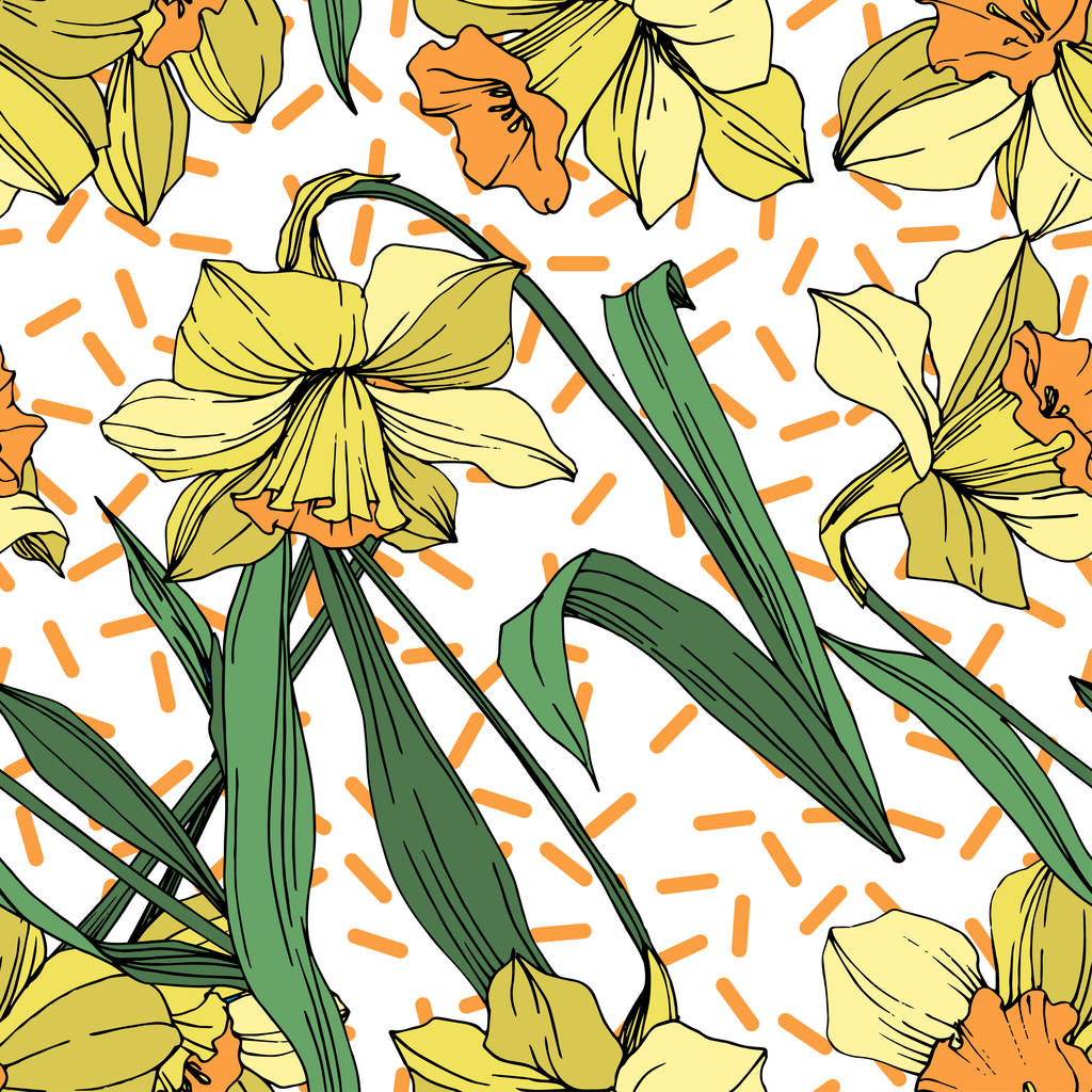 Vector Yellow Narcissus цветочный ботанический цветок. Дикий весенний цветок изолирован. Гравировка чернил. Бесшовный рисунок фона. Текстура ткани для печати обоев
. - Вектор,изображение