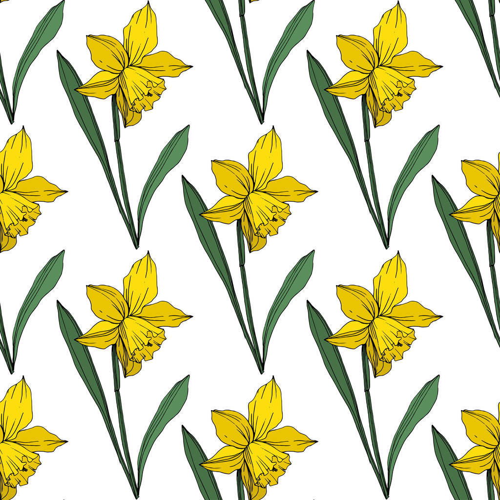ベクター黄色いスイセンの花植物花 野生春葉のワイルドフラワーが分離されました 刻まれたインク アート シームレスな背景パターン 壁紙印刷手触りの生地 ロイヤリティフリーのベクターグラフィック画像