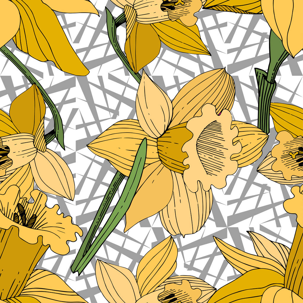 Vetor Amarelo Narciso flor botânica floral. Folha selvagem primavera wildflower isolado. Arte de tinta gravada. Padrão de fundo sem costura. Tecido papel de parede impressão textura
. - Vetor, Imagem