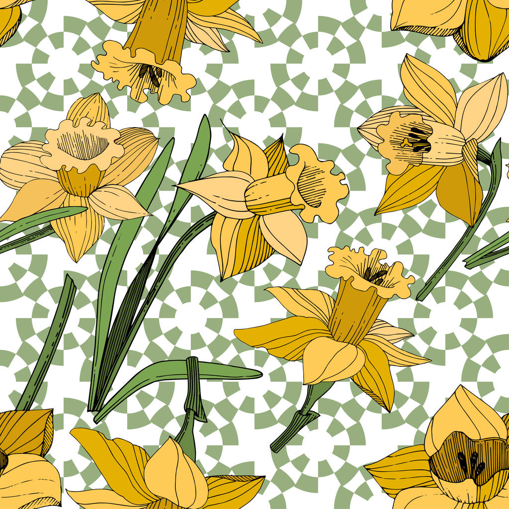 Vector gele Narcissus floral botanische bloem. Wild voorjaar blad wildflower geïsoleerd. Gegraveerde inkt art. Naadloze achtergrondpatroon. Structuur behang print textuur. - Vector, afbeelding