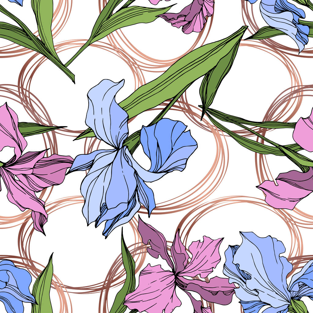 Vector roze en blauwe irissen. Gegraveerde inkt art. Naadloze achtergrondpatroon. Structuur behang print textuur. - Vector, afbeelding