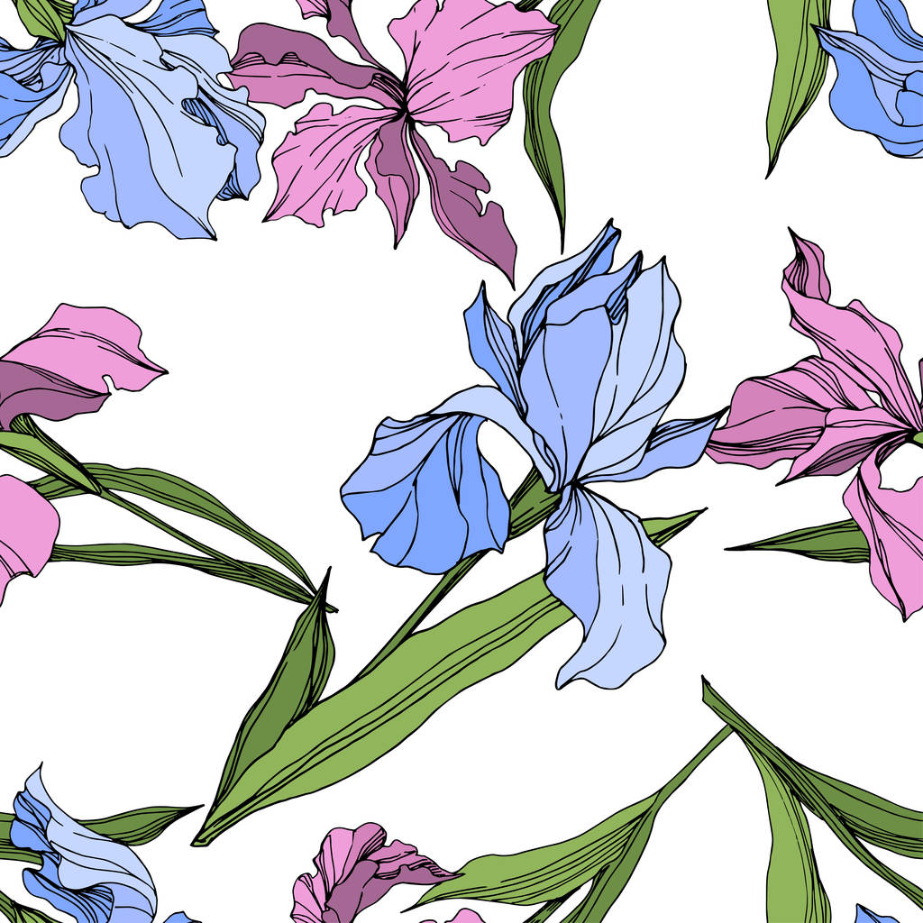 Vector pink and blue irises. Engraved ink art. Seamless background pattern. Fabric wallpaper print texture. - Vector, Image