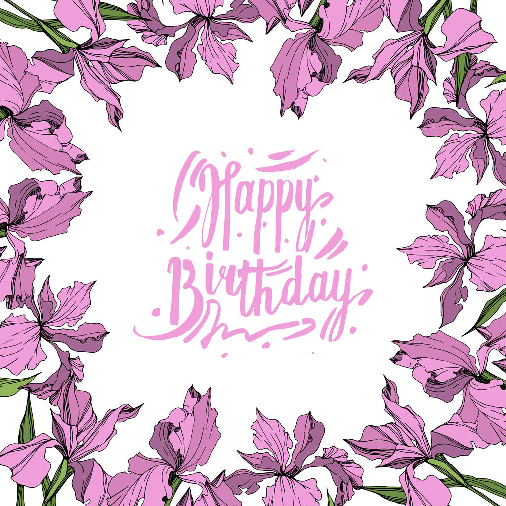 Vector roze iris floral botanische bloem. Wild voorjaar blad wildflower geïsoleerd. Gegraveerde inkt art. Frame grens ornament vierkant. - Vector, afbeelding