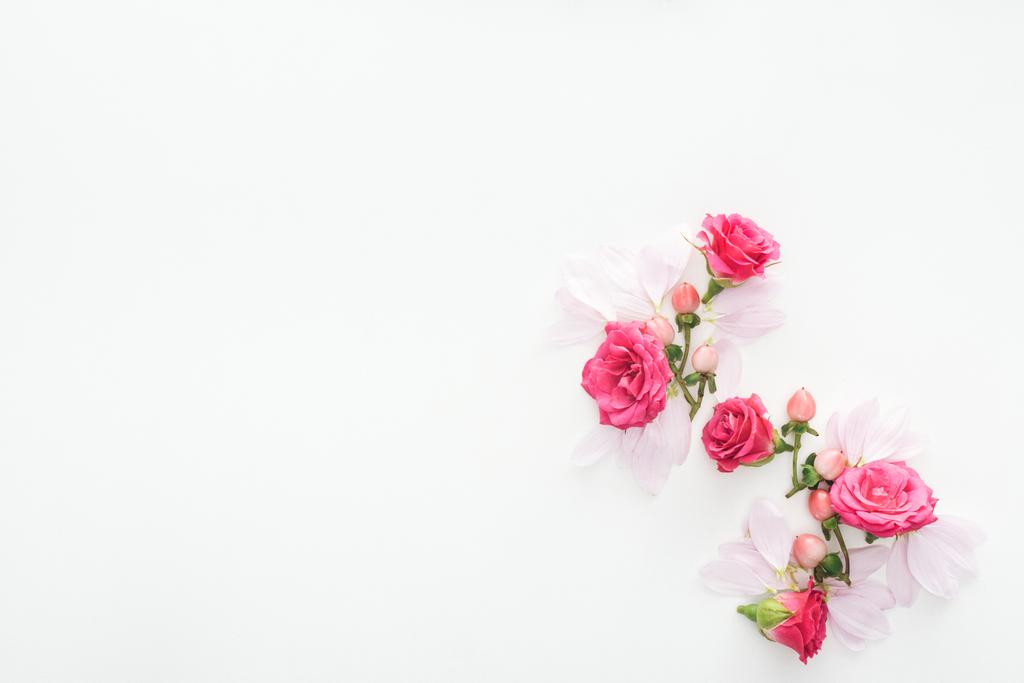 pohled shora kompozice s poupaty růží, jahody a lístky izolované na bílém - Fotografie, Obrázek