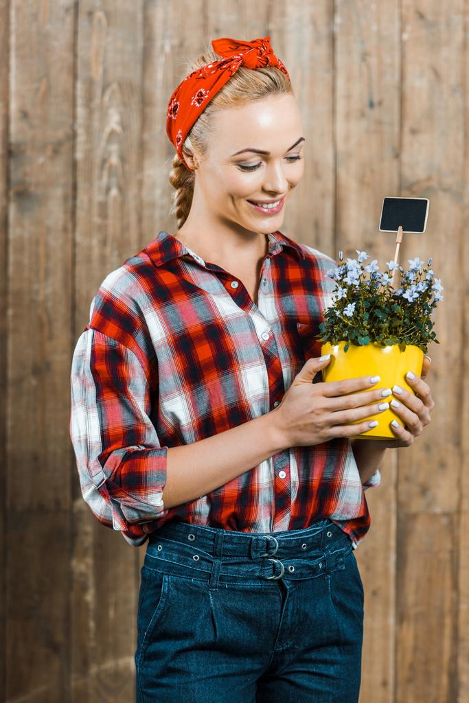 cheerful woman smiling and  holding pot with flowers in hands - Photo, Image