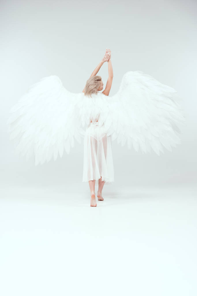 takaisin näkymä naisen enkeli siivet poseeraa valkoisella taustalla
 - Valokuva, kuva