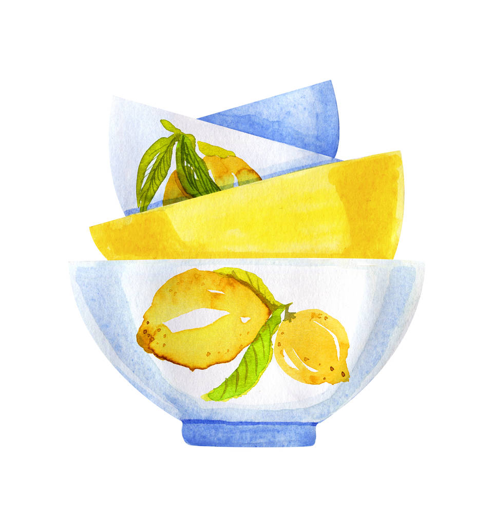 Aquarel bowl set met citroen geïsoleerd op wit - Foto, afbeelding