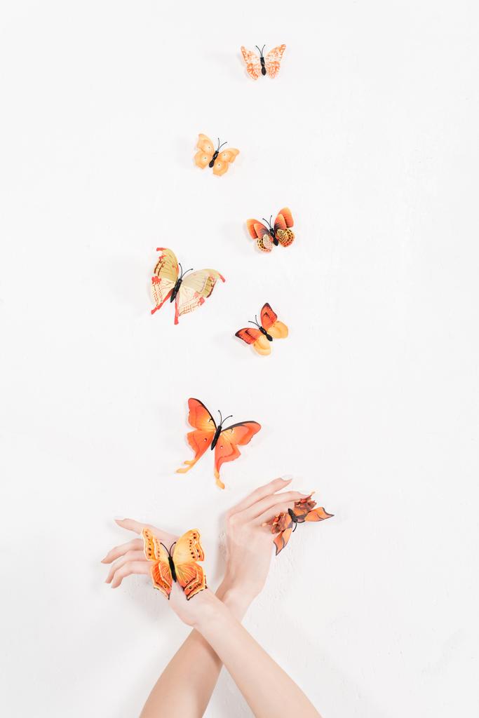 bijgesneden beeld van vrouw met gekruiste armen in de buurt van Oranje vlinders vliegen op witte achtergrond, milieu opslaan concept  - Foto, afbeelding