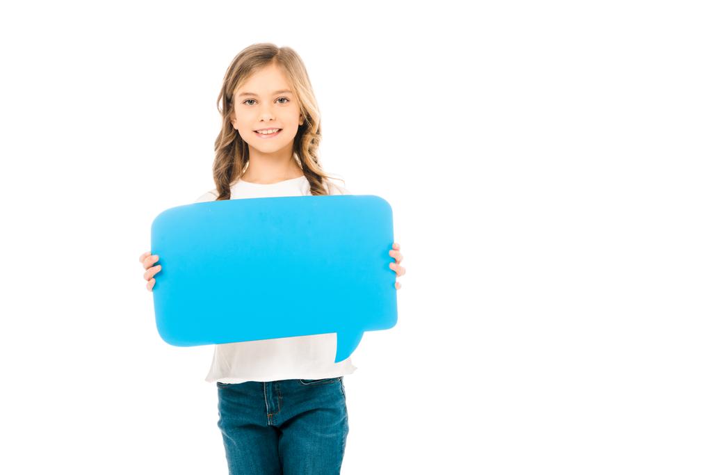 cute smiling child holding blue speech bubble isolated on white - Photo, Image