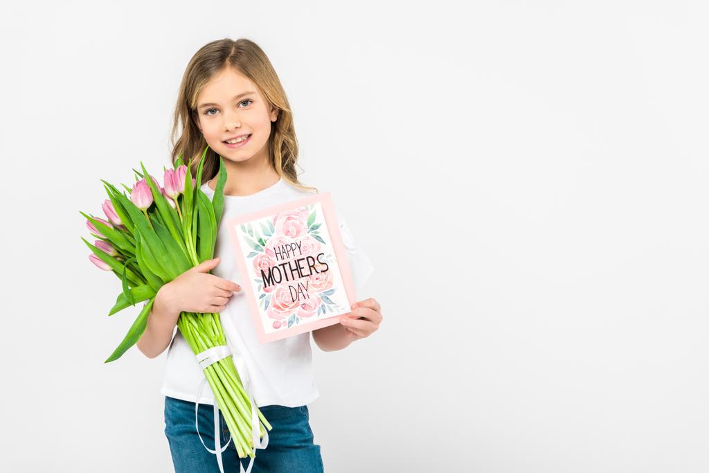adorable child with bouquet of beautiful pink tulips and happy mothers day greeting card on white background - Photo, Image