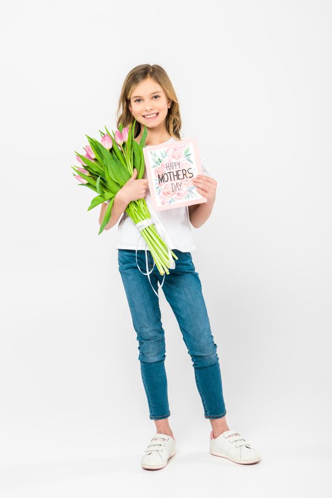 чарівна дитина тримає букет з рожевих тюльпанів і щасливих матерів вітальна листівка на білому тлі
 - Фото, зображення