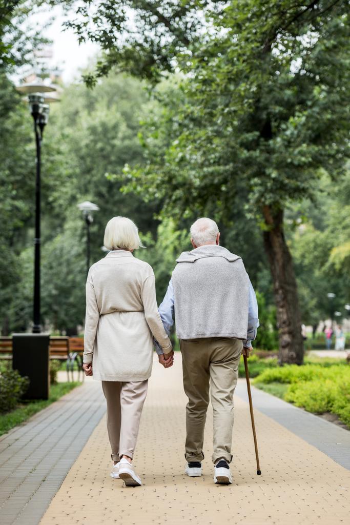 Rückansicht eines stilvollen Senioren-Paares, das Spaziergänge im Park genießt - Foto, Bild