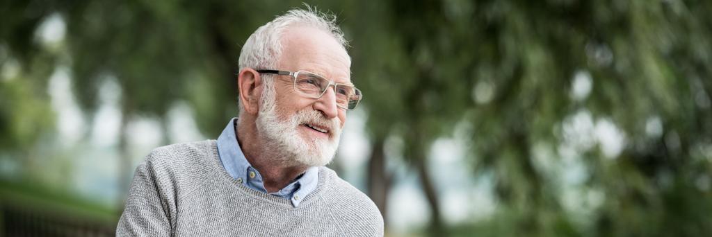 szczęśliwy uśmiechający się starszy człowiek w szary sweter i okulary w parku - Zdjęcie, obraz