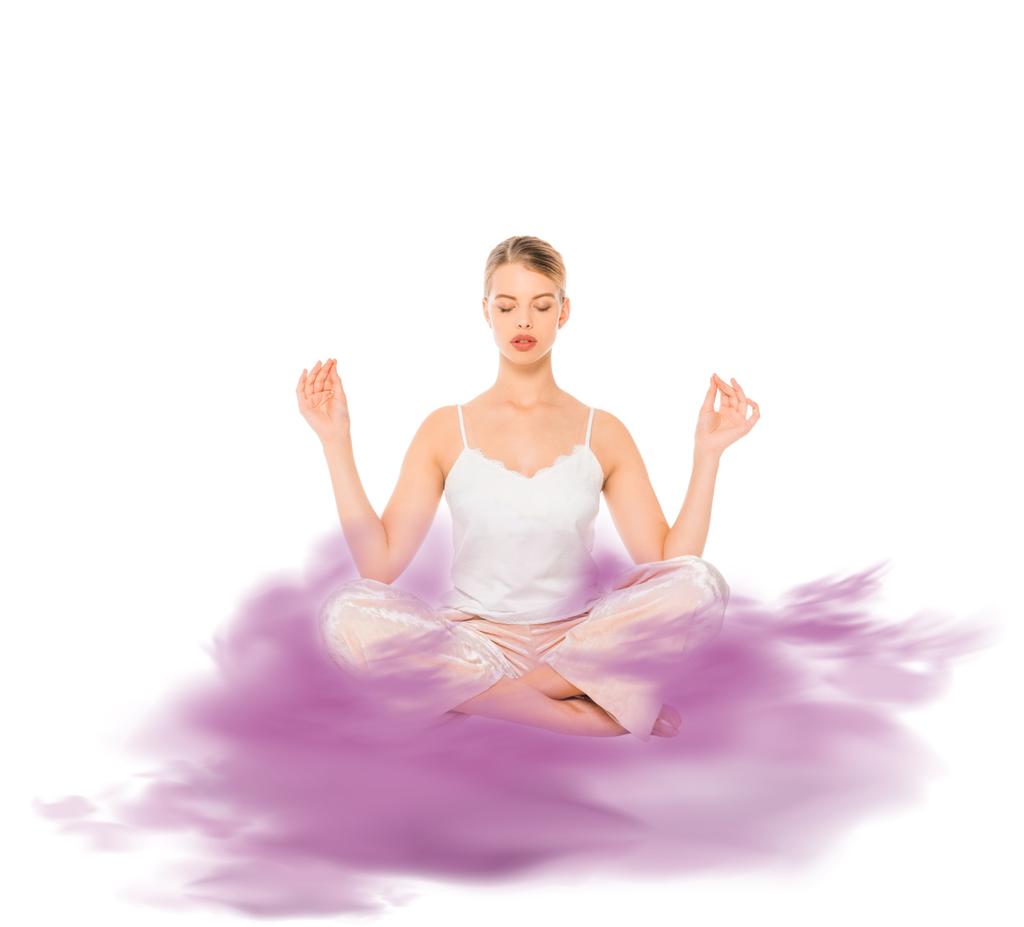 Dziewczyna w pozycji lotosu, medytacja, Purpurowa chmura ilustracja  - Zdjęcie, obraz