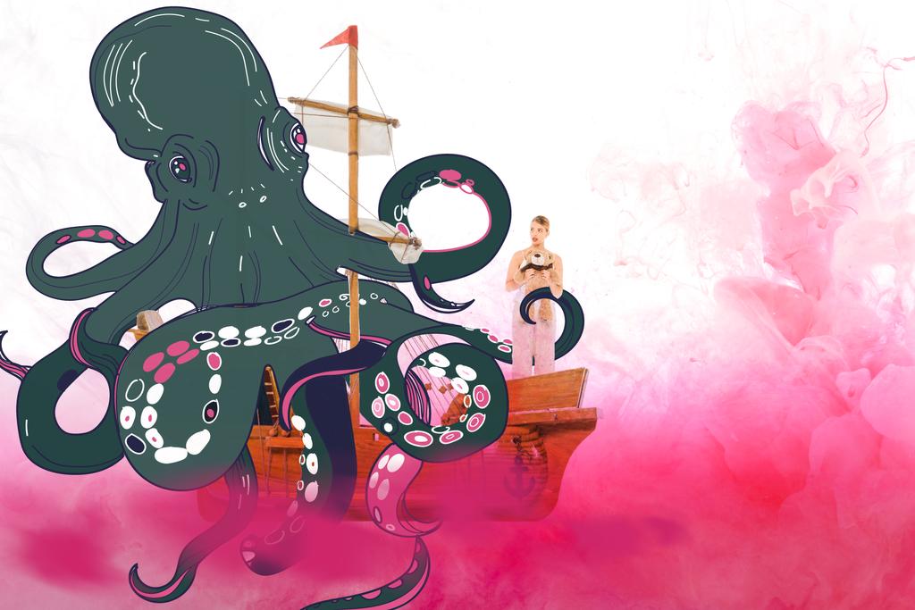 girl holding teddy bear and standing on ship model with octopus illustration  - Photo, Image