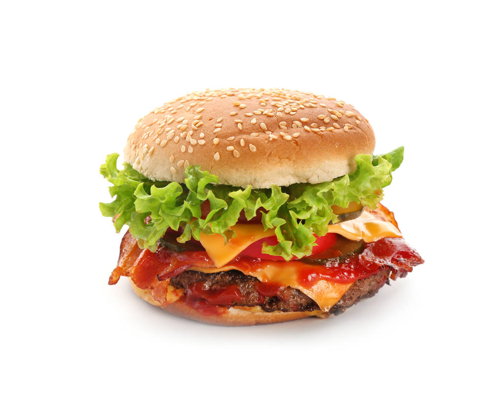 Sabrosa hamburguesa con tocino sobre fondo blanco - Foto, Imagen