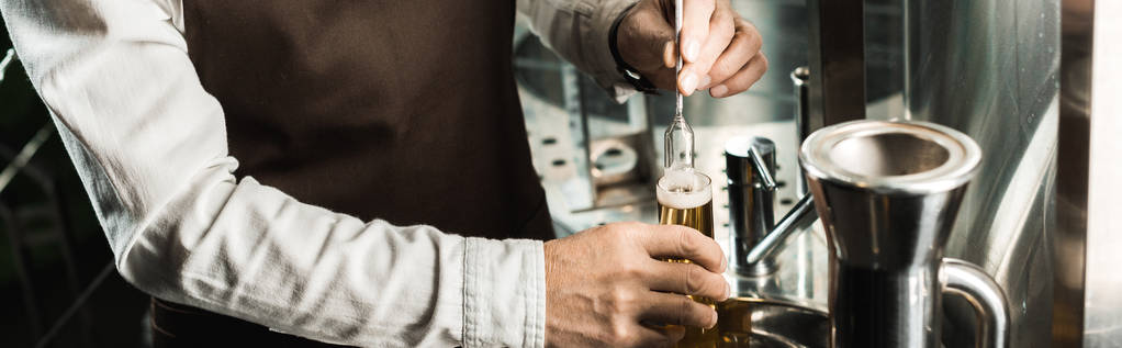 περικοπεί προβολή Μπρούερ εξέταση μπύρας στη φιάλη στην ζυθοποιία - Φωτογραφία, εικόνα