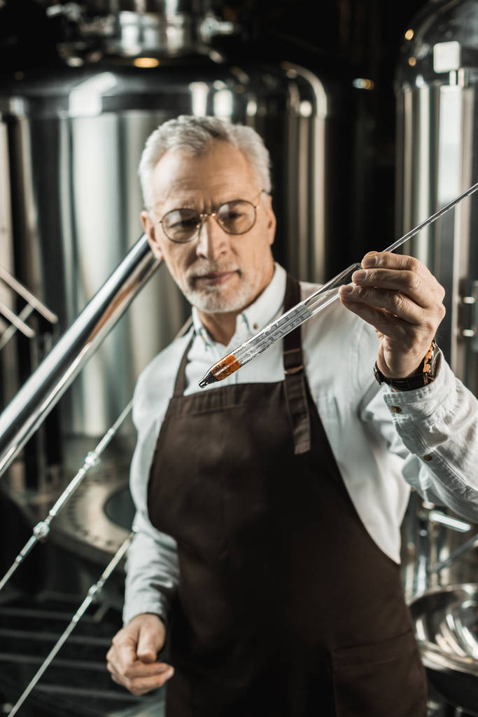 Selektiver Fokus eines gut aussehenden Senior-Brauers, der Bier im Kolben in der Brauerei untersucht - Foto, Bild