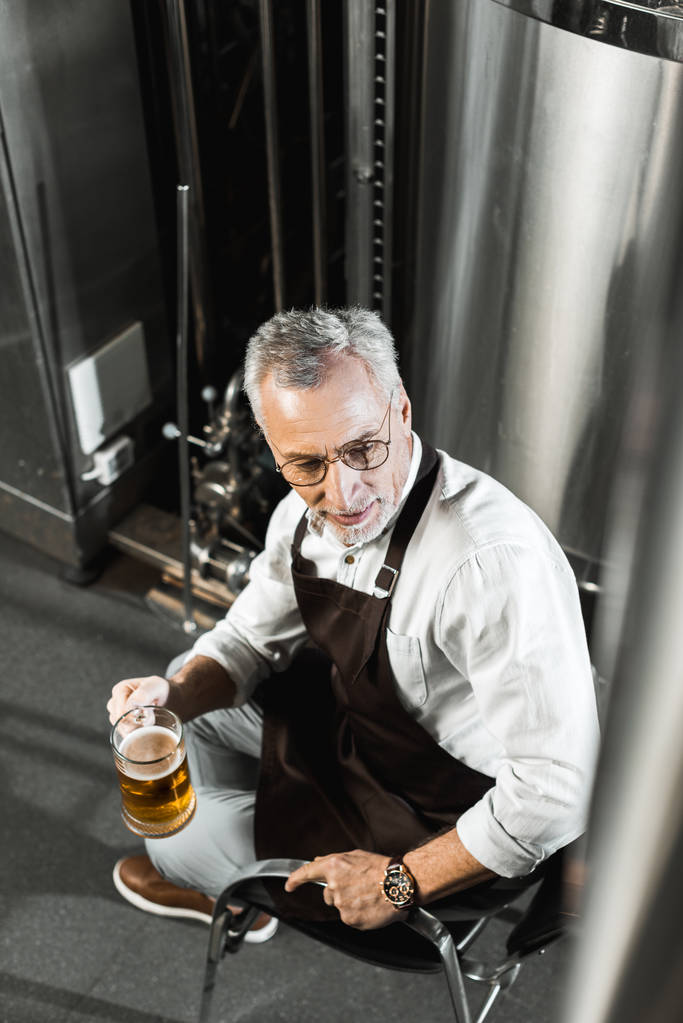 przystojny piwowara w fartuch, trzymając szklankę piwa w browarze, ogólny widok - Zdjęcie, obraz