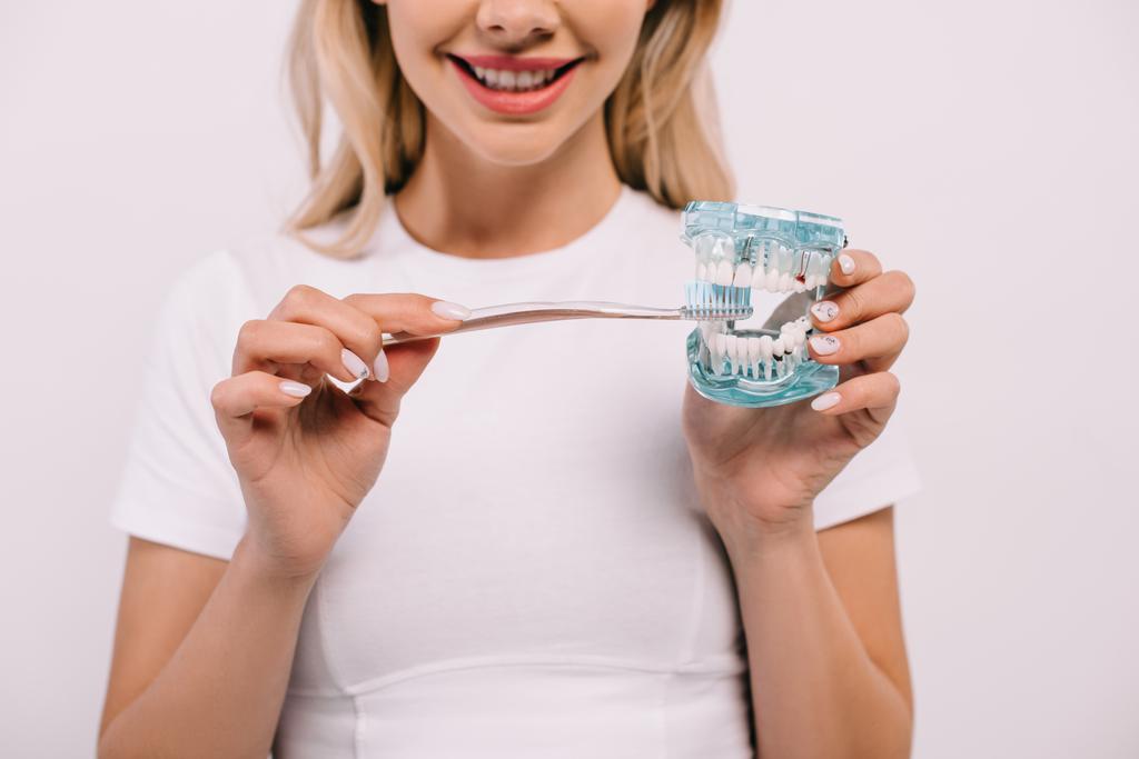 abgeschnittene Ansicht einer lächelnden Frau, die Kiefer mit Zahnbürste putzt - Foto, Bild