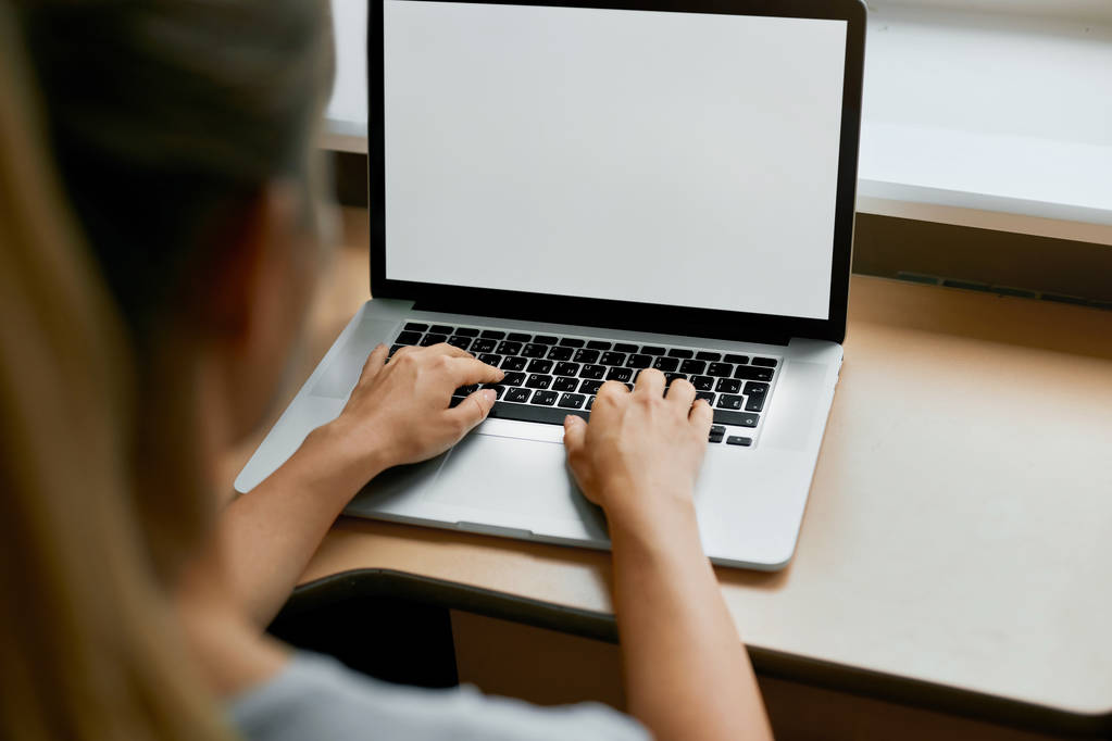  オフィスにおける「財務報告に働く一般的なノート パソコンのキーボードで入力する女性社員の肖像画をトリミング。実業家のテーブルに座ってメールをチェック - 写真・画像