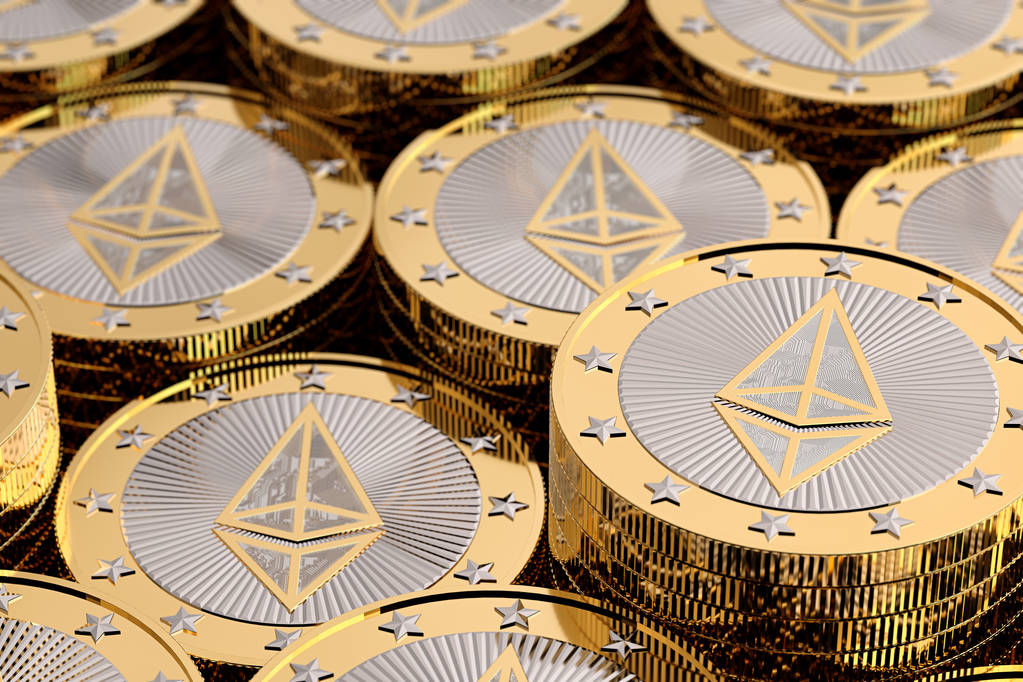 Hromádky kryptoměn mince - virtuální peníze - Ethereum - 3d vykreslování - Fotografie, Obrázek