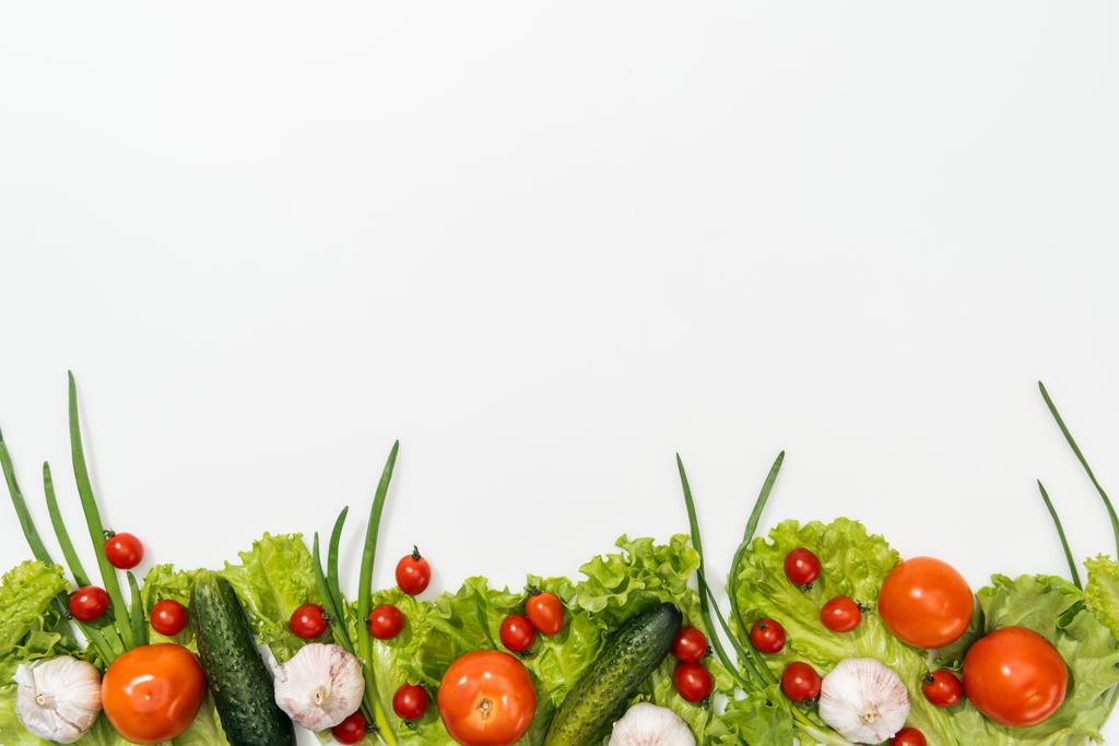 вид зверху на помідори, листя салату, огірки, цибулю і часник
  - Фото, зображення