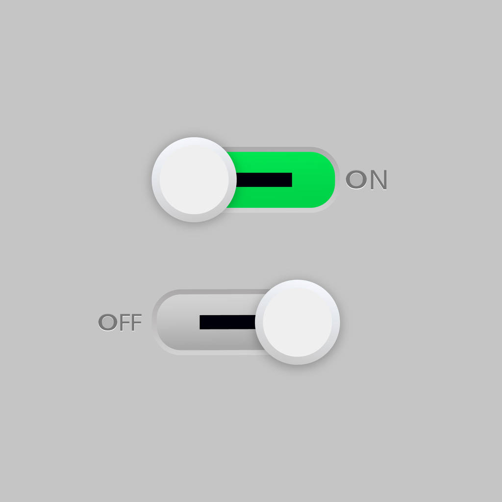 Botones de interruptor de encendido y apagado. Material diseño interruptor botones conjunto. - Vector, imagen