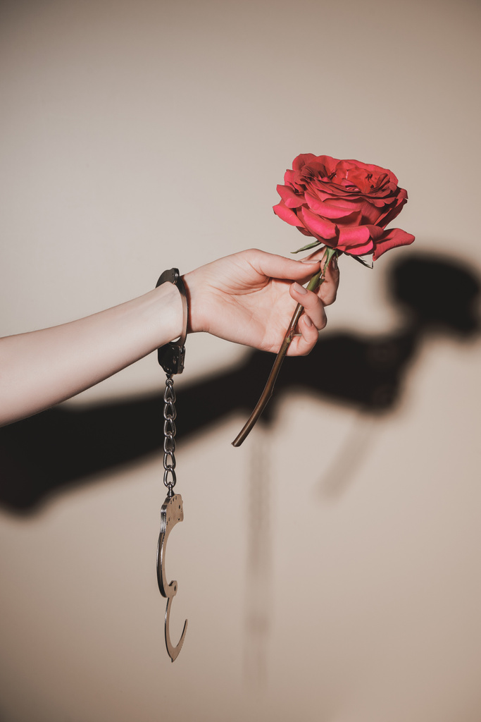 Teilansicht einer Frau in Handschellen aus Metall mit rosa Rosenblüte auf beigem Hintergrund - Foto, Bild