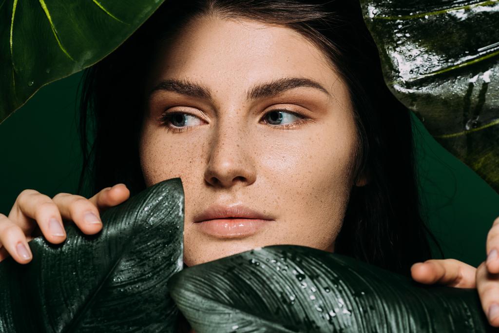 привлекательная девушка с веснушками на лице позирует с листьями изолированы на зеленый
 - Фото, изображение