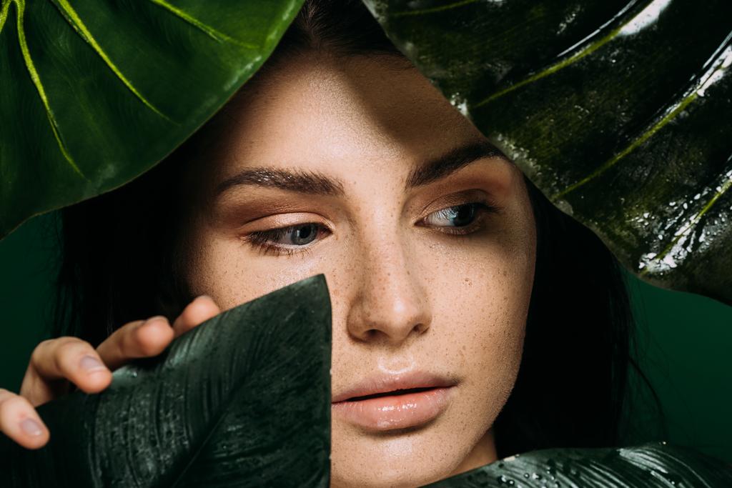 Młoda kobieta z piegami na twarzy pozowanie z tropikalny liści na zielonym tle - Zdjęcie, obraz