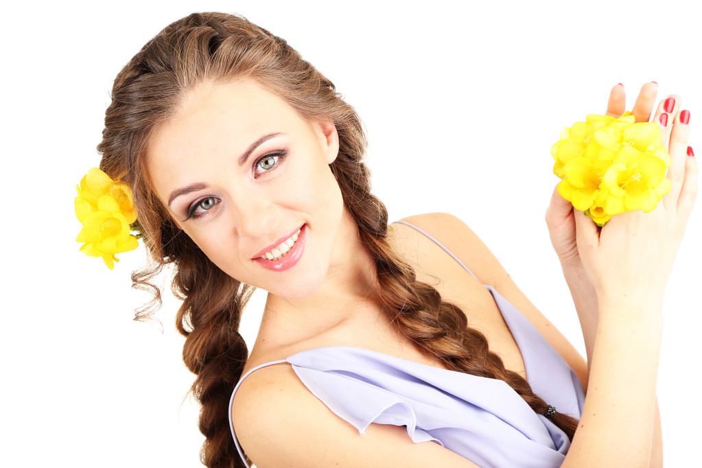 Nainen kampauksen ja kukkia
 - Valokuva, kuva
