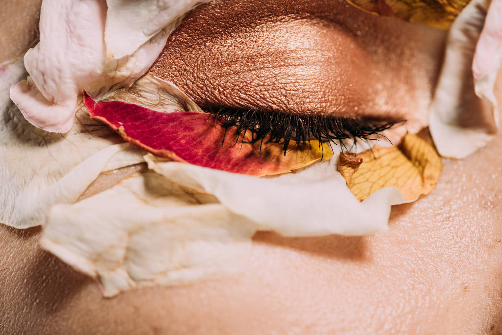 крупным планом девушка с лепестками и макияжем на закрытом глазу
  - Фото, изображение