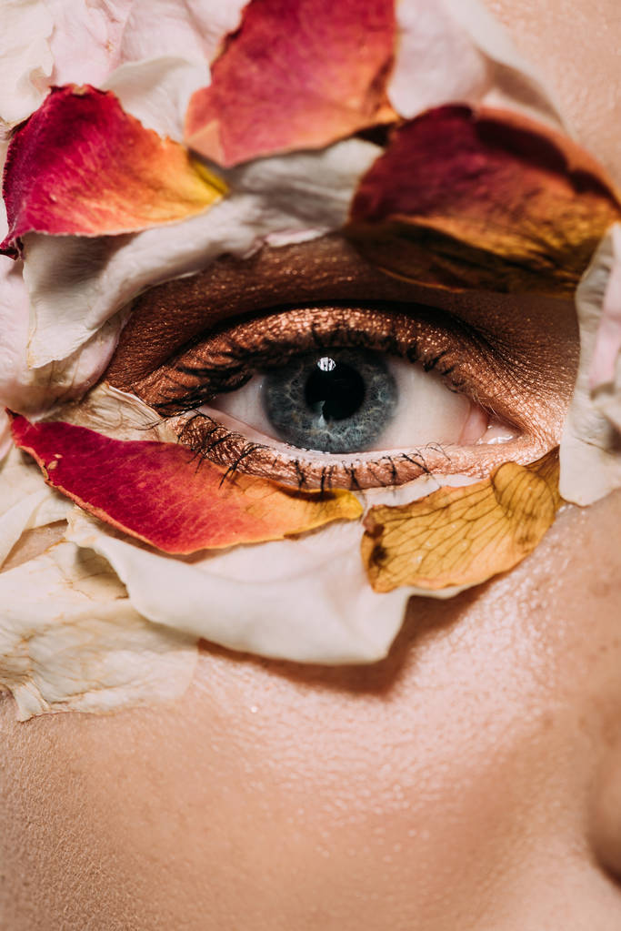 κοντινό πλάνο του κοριτσιού με πέταλα λουλουδιών γύρω από τα μάτια - Φωτογραφία, εικόνα