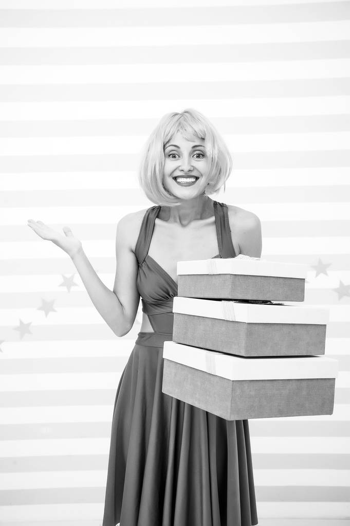 Pleasant shopping. happy crazy girl with presents. Successful shopping. boxing day concept. birthday or christmas present box. its a great offer. big sale shopping with happy crazy girl. Online shop - Photo, Image