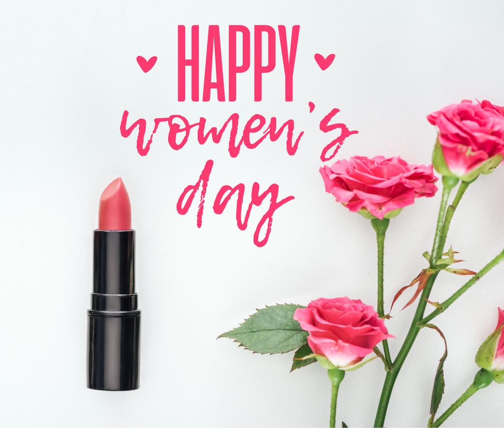 top view of lipstick and pink roses on white background with happy womens day lettering  - Photo, Image