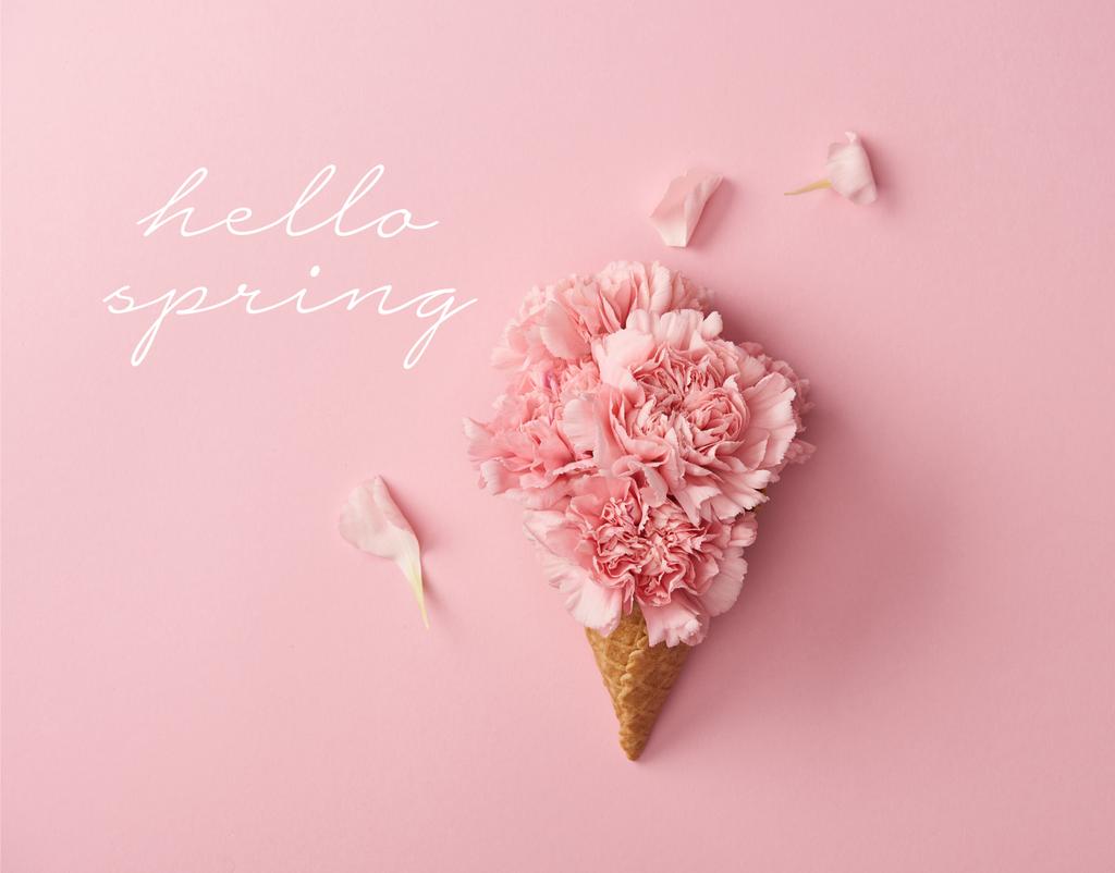 こんにちは春イラストとピンクの背景のピンクのカーネーションの花のトップ ビュー - 写真・画像